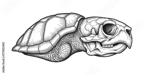 Intricate turtle skeleton art with detailed penwork in monochrome style
