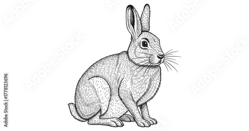 Detailed black and white sketch of a sitting rabbit with intricate fur lines
