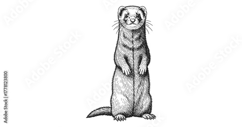 Detailed black and white sketch of a standing ferret