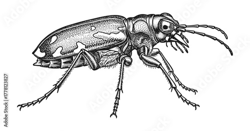 Detailed engraving of a beetle in monochrome