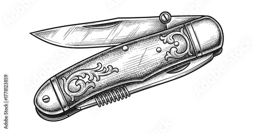 Detailed engraved pocket knife with ornate design in sketch style