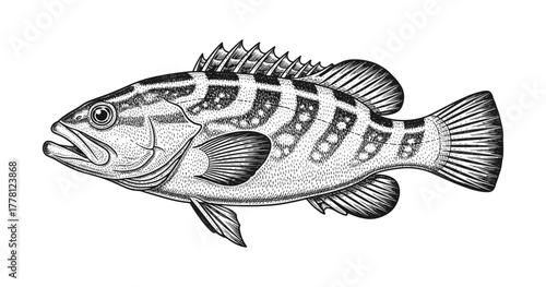 Detailed engraving of spotted fish with striped pattern on white background