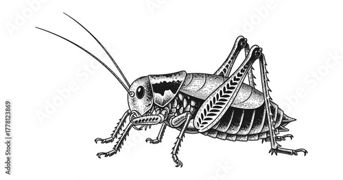 Vintage insect art: detailed black and white grasshopper engraving