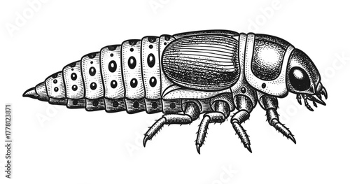 Intricate black and white insect larva engraving with detailed texture
