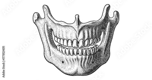Detailed vintage engraving of human jawbone with teeth