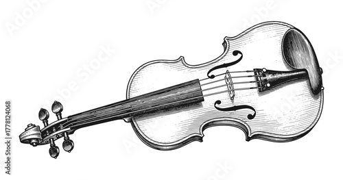Intricate hand-drawn violin artwork reflecting classic musical design in black and white