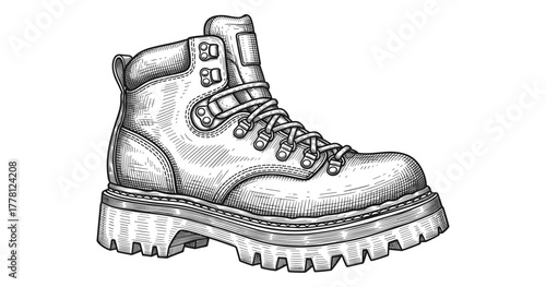 Detailed hand drawn hiking boot design with laces and thick sole in black and white