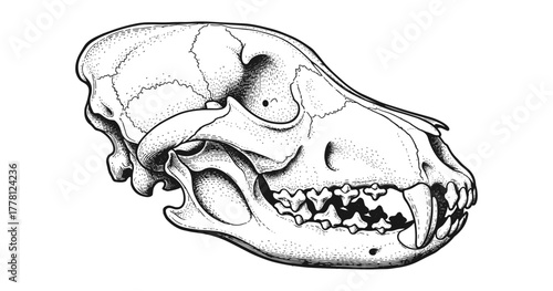 Detailed animal skull in black and white engraving style