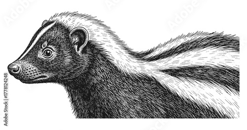 Intricate black and white skunk sketch with detailed fur and texture