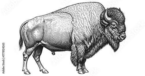 Detailed black and white bison art with intricate linework