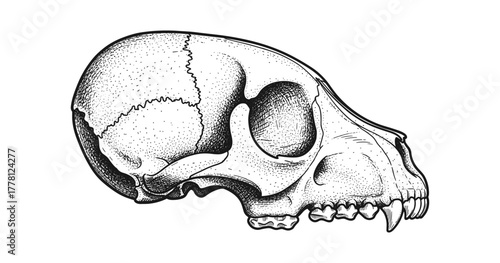Detailed human skull profile with intricate line art on white background