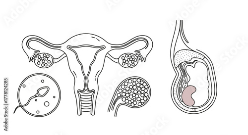 Illustration of the female reproductive system with uterus and early embryo view