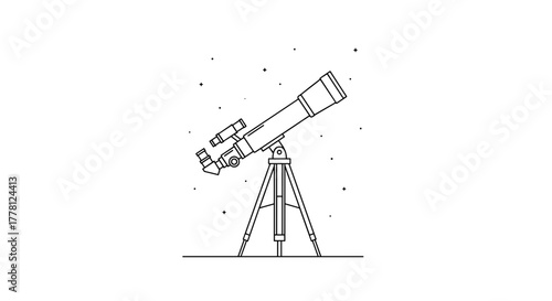 Illustration of a telescope on a tripod with stars in the background in black and white