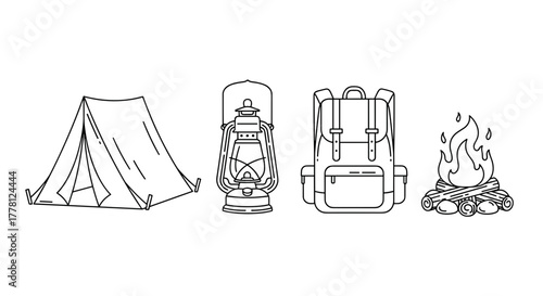 Illustration of a tent, lantern, backpack, and campfire in black and white