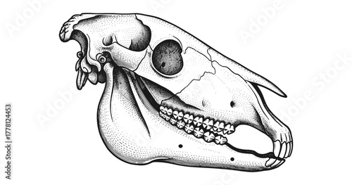 Detailed animal skull with engraving style on white background