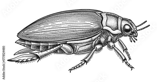 Detailed engraving of a beetle in black and white on white background