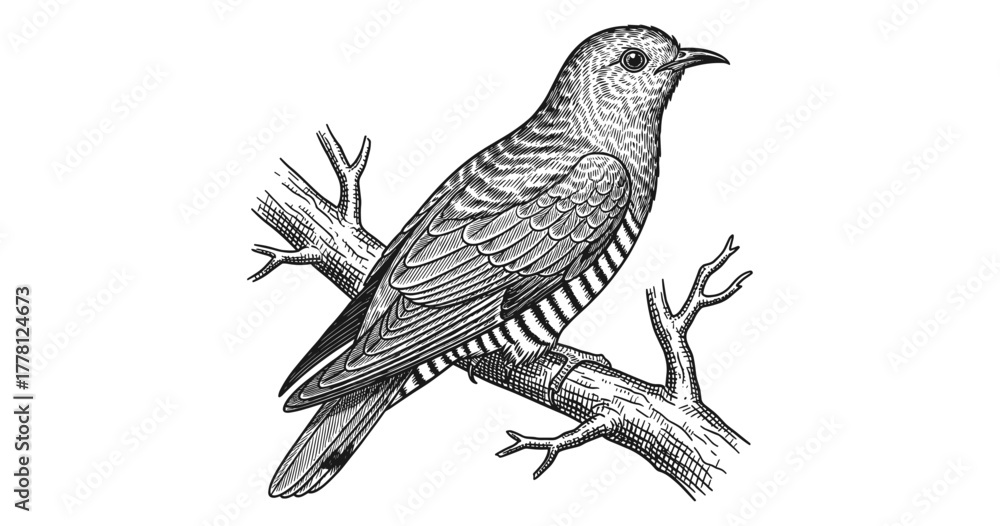 Fototapeta premium Detailed black and white engraving of a bird on branch