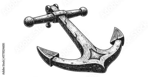 Detailed engraved nautical anchor with rope in black and white