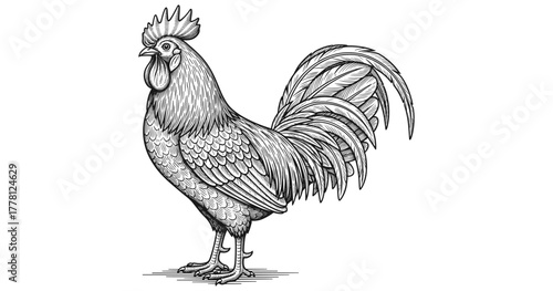 Intricate black and white rooster art with detailed linework and elegant design