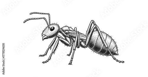 Detailed hand drawn ant illustration in black and white