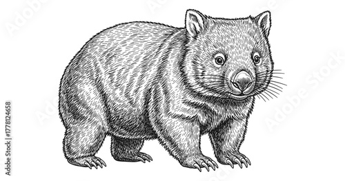 Detailed black and white wombat line art with intricate fur patterns
