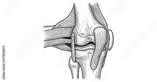 Detailed anatomical drawing of human knee joint muscles and ligaments
