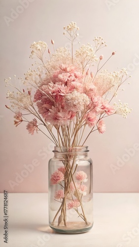 Soft pink dried flowers in a small glass jar