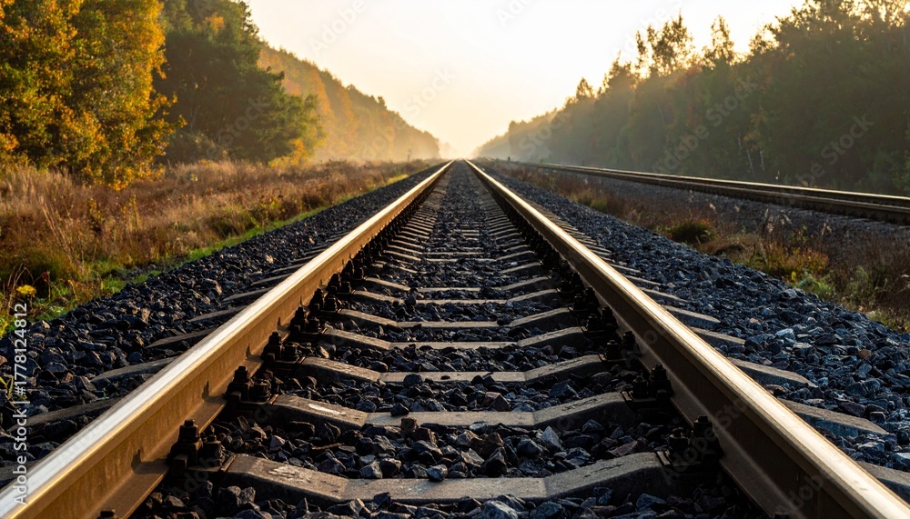 Obraz premium Scenic Train Tracks Through Autumn Forest at Hazy Sunrise