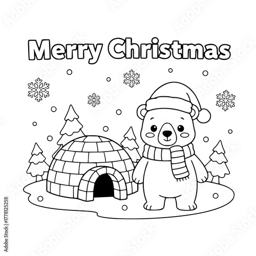 Polar bear cub in winter wonderland with igloo and “Merry Christmas,” coloring book page for toddlers Generative AI