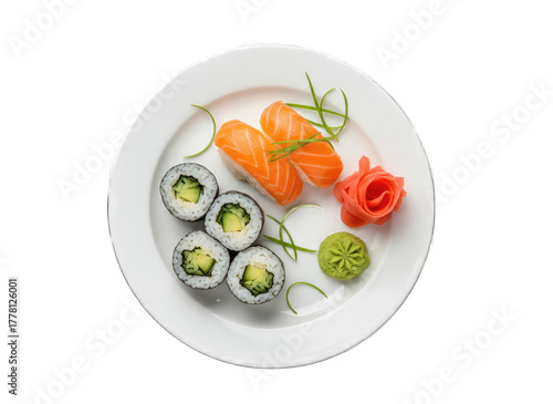 Plate of Salmon Nigiri and Cucumber Maki Sushi with Pickled Ginger and Wasabi on a White Plate Overhead View Studio Shot Transparent Background
