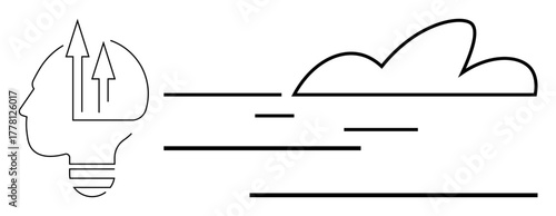 Modern minimal design of head lightbulb with up arrows and cloud. Ideal for innovation, creativity, growth, vision, leadership, technology, collaboration. Simple flat metaphor