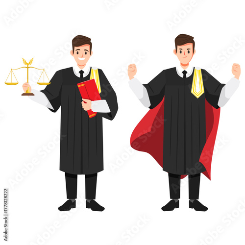 Thai lawyer holding weight balances professions character set. Flat cartoon barrister vector design.	