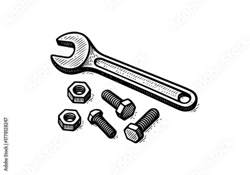 Wrench hand drawn simple engraved vector illustration