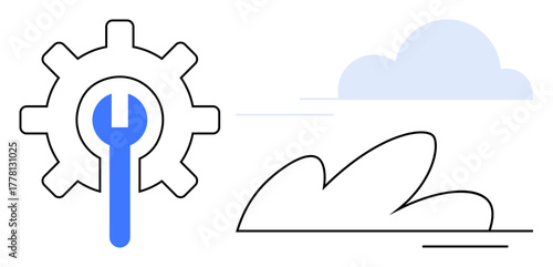 Gear with wrench representing technical support and maintenance, cloud graphic symbolizing cloud computing. Ideal for technology, software, IT solutions, service, repair, data management
