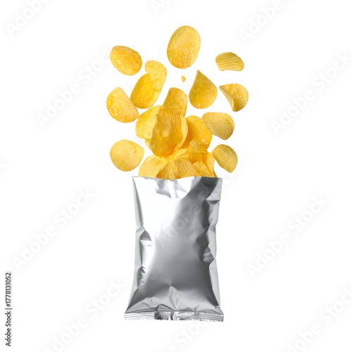 Crispy potato slices erupting from silver packaging