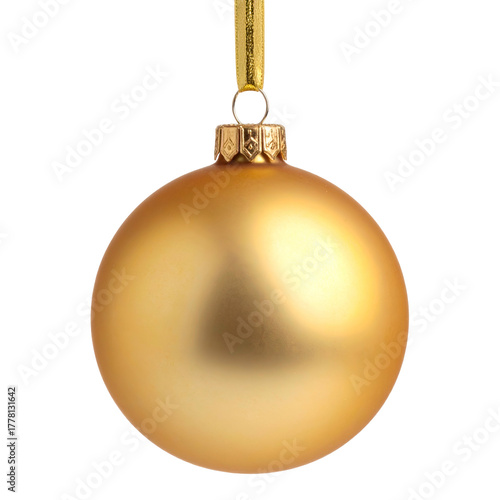 A single, matte gold sphere ornament hangs suspended