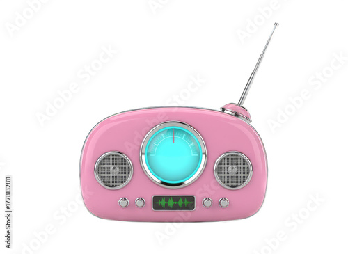 Retro Pink Radio With Silver Accents And Blue Dial Displaying Music Notes On A Transparent Background