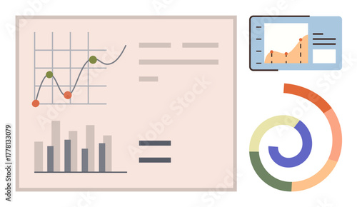 Line chart, bar chart, donut chart, and a digital dashboard for tracking trends and analysis. Ideal for data interpretation, performance metrics, business growth, financial planning, research