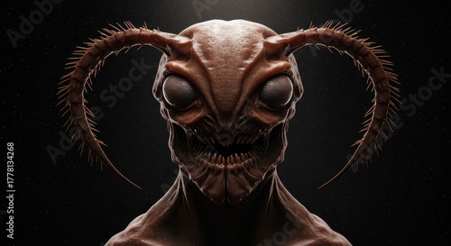 Terrifying insectoid creature head looms in dramatic, dark portrait