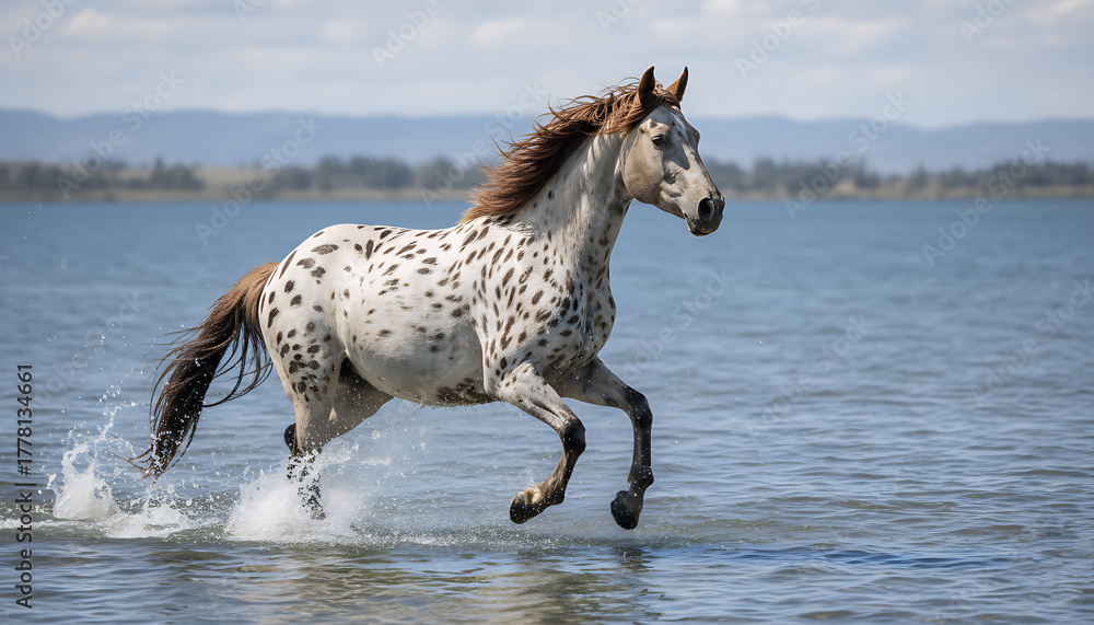 Fototapeta premium Majestic Spotted Appaloosa Galloping in Blue Water with Splashes
