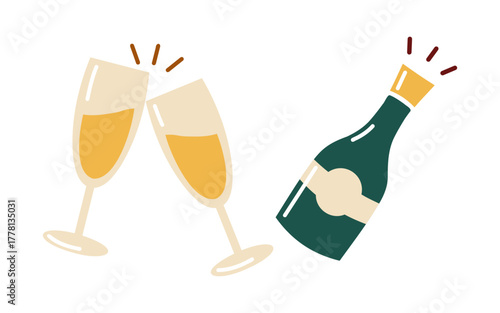 Hand drawn flat New Year celebration set with champagne bottle and two clinking glasses. Festive vector isolated illustration. 