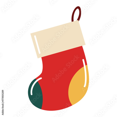 Flat style red Christmas stocking. Festive icon. Hand drawn vector isolated illustration.