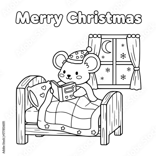 Mouse in cozy bed reading with “Merry Christmas,” coloring book page for toddlers Generative aI