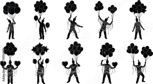 Balloon party silhouette, festive pose, celebration scene, black figure, birthday fun, whimsical motion, creative concept, joyful moment, artistic design, playful vibe