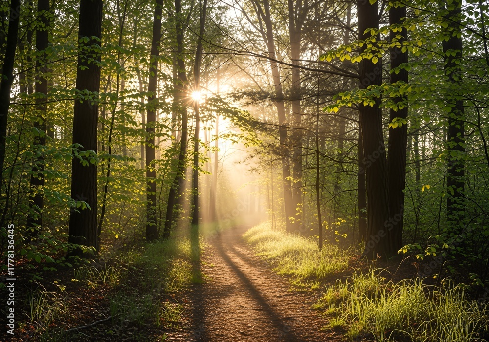 Obraz premium Sunlight filtering through the trees in a dense forest, creating a serene atmosphere.