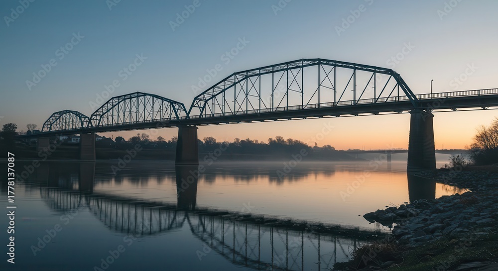 Naklejka premium Metal truss bridge spans wide calm river during twilight hours