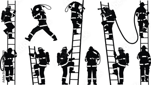 Firefighter silhouette, ladder rescue, emergency response, fire hose, protective gear, oxygen tank, climbing action, safety, hero, teamwork, danger, smoke, flames, firefighter gear, 