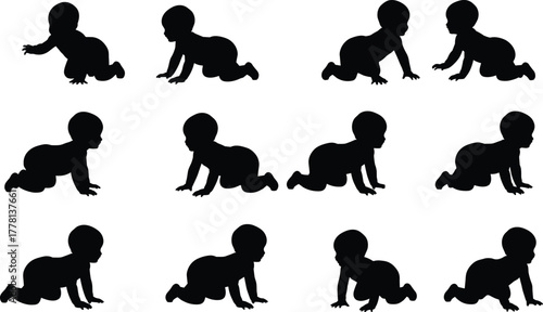 Crawling baby silhouette collection, infant movement poses, black vector babies, developmental stages, isolated clipart, child growth illustration, crawling icons