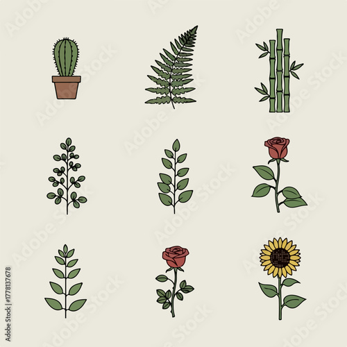 A collection of nine diverse botanical illustrations featuring various plants and flowers in a clean, minimalist style