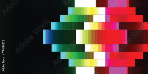 Abstract digital art featuring a symmetrical pattern of colorful gradient blocks on a black background.